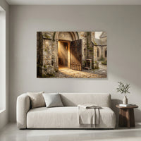 Ancient Church Entrance Sunlit Path Oil Painting Style Canvas Print Wall Art - Mockup Display 8