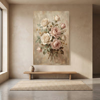 Romantic Blush & Cream Roses Oil Painting Style Canvas Print Wall Art, Elegant Home Decor - Mockup Display 8