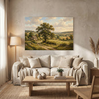Countryside Landscape Stretched Canvas Wall Art, Cottage Meadow Print, Classic Living Room Decor