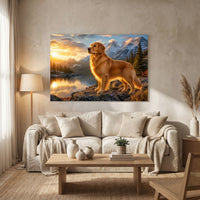 Majestic Golden Retriever Sunset Mountains Lake Art Print Canvas Wall Decor - Mockup Display 8