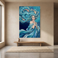 Mystical Water Woman with Koi Fish Oil Painting Style Canvas Print Wall Art Serene - Mockup Display 8