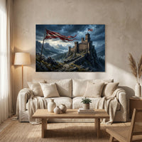 Dramatic Mountain Castle Libertas with Flags Canvas Print Wall Art, Epic Landscape. - Mockup Display 8