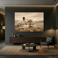 Native American Woman & White Buffalo Oil Painting Style Canvas Print Wall Art, Serene Landscape - Mockup Display 8