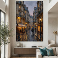 Paris Street Stretched Canvas Wall Art, Rainy City Print, Elegant Urban Decor