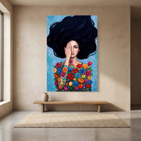 Vibrant Floral Woman Oil Painting Style Canvas Print Wall Art, Expressive Decor - Mockup Display 8