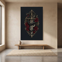 Gothic Snake & Skull Sword with Red Roses Illustrative Canvas Print Wall Art, Dark Fantasy Decor - Mockup Display 8