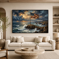 Dramatic American Flag on Rocky Coast Oil Painting Style Canvas Print Wall Art - Mockup Display 8