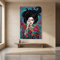 Boho Woman with Floral Tattoos Canvas Print Wall Art, Mystical Decor - Mockup Display 8