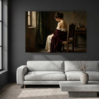 Contemplative Woman in Red Shawl, Classical Oil Painting Style Canvas Print Wall Art, Elegant. - Mockup Display 8