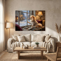 Pomeranian Stretched Canvas Wall Art, Snowy Window Dog Print, Cozy Living Room Decor