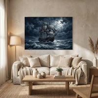 Dramatic Pirate Ship Oil Painting Style Canvas Print Wall Art, Nautical Theme - Mockup Display 8
