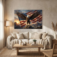 Bald Eagle Stretched Canvas Wall Art, American Flag Wildlife Print, Patriotic Statement Decor