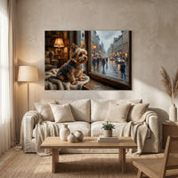 Yorkshire Terrier Stretched Canvas Wall Art, Rainy Window Dog Print, Cozy Living Room Decor