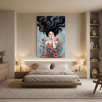 Mystical Woman with Vibrant Flowers Artistic Canvas Print Wall Art, Dreamy Portrait - Mockup Display 8
