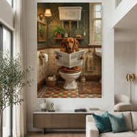Dachshund Bathroom Stretched Canvas Wall Art, Humorous Dog Print, Vintage Powder Room Decor