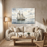 Watercolor Schooner Ship Seascape Nautical Canvas Print Wall Art Coastal Home Decor - Mockup Display 8