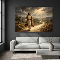 Jesus Walking Path Oil Painting Style Canvas Print Wall Art, Divine Light - Mockup Display 8