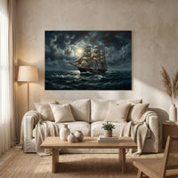 Majestic Three-Masted Ship Moonlight Oil Painting Style Canvas Print Wall Art - Mockup Display 8