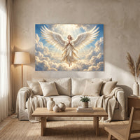 Serene Angel Figure Heavenly Rays Spiritual Art Canvas Print Wall Art, Divine - Mockup Display 8