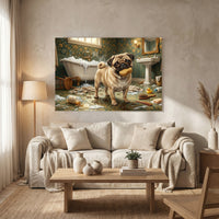 Pug Bathroom Stretched Canvas Wall Art, Humorous Dog Print, Vintage Powder Room Decor
