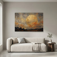 Flock of Birds Full Moon Landscape Oil Painting Style Canvas Print Wall Art for Home - Mockup Display 8