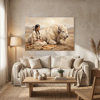 Native American Woman White Buffalo Oil Painting Style Canvas Print Wall Art, Serene Decor - Mockup Display 8