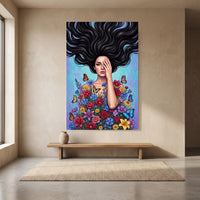 Vibrant Pop Art Woman with Flowers & Butterflies Canvas Print Wall Art Décor - Mockup Display 8