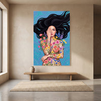 Enchanting Floral Woman Illustration Canvas Print Wall Art, Serene Beauty - Mockup Display 8