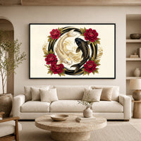 Golden and Black Koi Fish Peony Japanese Art Style Canvas Print Wall Art Decor - Mockup Display 8