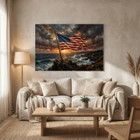 Patriotic American Flag Coastal Sunset Oil Painting Style Canvas Print Wall Art Decor - Mockup Display 8
