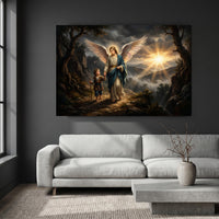 Divine Guardian Angel & Child Oil Painting Style Canvas Print Wall Art, Serene Landscape - Mockup Display 8