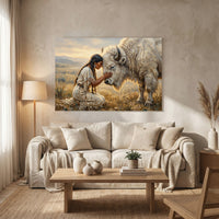 Native American Woman White Buffalo Oil Painting Style Canvas Print Wall Art, Spiritual Decor - Mockup Display 8