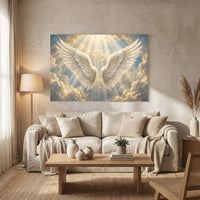 Ethereal Angel Wings Heavenly Clouds Light Rays Canvas Print Wall Art, Divine Decor - Mockup Display 8