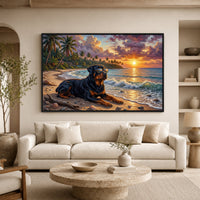 Rottweiler Dog Tropical Beach Sunset Oil Painting Style Canvas Print Wall Art Décor - Mockup Display 8