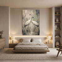 Elegant White Cranes Oil Painting Style Canvas Print Wall Art, Serene Decor - Mockup Display 8