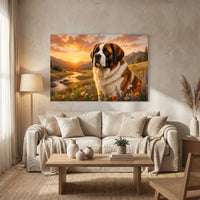 St. Bernard Dog Sunset Meadow Oil Painting Style Canvas Print Wall Art, Golden Hour - Mockup Display 8