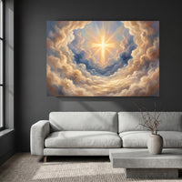 Radiant Cross in Divine Clouds Oil Painting Style Canvas Print Wall Art, Spiritual Decor - Mockup Display 8