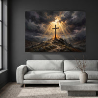 Dramatic Cross on Hill Oil Painting Style Canvas Print Wall Art, Spiritual Light - Mockup Display 8