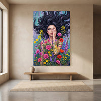 Mystic Woman Floral Canvas Print Wall Art with Flowing Hair, Vibrant Garden Style - Mockup Display 8