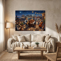 Rooftop Jazz Dogs NYC Skyline Oil Painting Style Canvas Print Wall Art for Urban Decor - Mockup Display 8