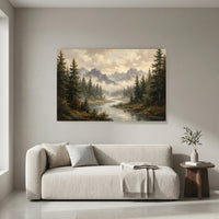 Serene Mountain Forest River Oil Painting Style Canvas Print Wall Art Décor - Mockup Display 8