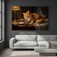 Ginger Cat Knocking Over Coffee Mug Canvas Wall Art, Funny Cat Print, Classic Study Decor