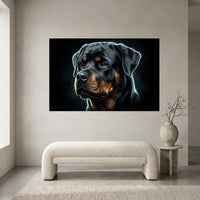 Electric Rottweiler Portrait Canvas Wall Art, Glowing Blue Dog Print, Modern Pet Decor