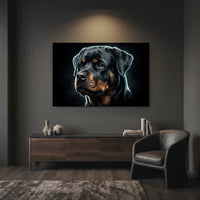 Electric Rottweiler Portrait Canvas Wall Art, Glowing Blue Dog Print, Modern Pet Decor