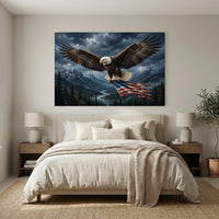 Bald Eagle Mountain Flag Stretched Canvas Wall Art, Stormy Wilderness River Print, Patriotic Wall Decor