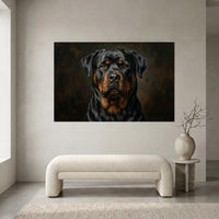 Rottweiler Dark Portrait Canvas Wall Art, Classic Dog Oil Painting Print