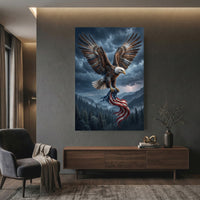 Bald Eagle Storm Flag Stretched Canvas Wall Art, Patriotic Lightning Sky Print, Freedom Wall Decor