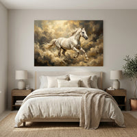 White Horse Galloping Through Golden Clouds Canvas Wall Art, Majestic Stallion Print, Dreamy Equestrian Decor