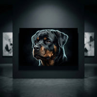 Electric Rottweiler Portrait Canvas Wall Art, Glowing Blue Dog Print, Modern Pet Decor