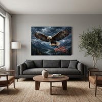 Bald Eagle Mountain Flag Stretched Canvas Wall Art, Stormy Wilderness River Print, Patriotic Wall Decor